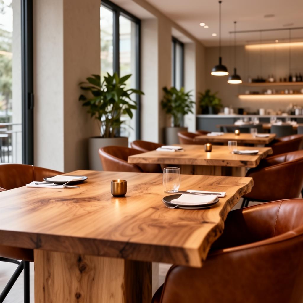 Designer-Massivholztische in einem modernen Restaurant-Interieur